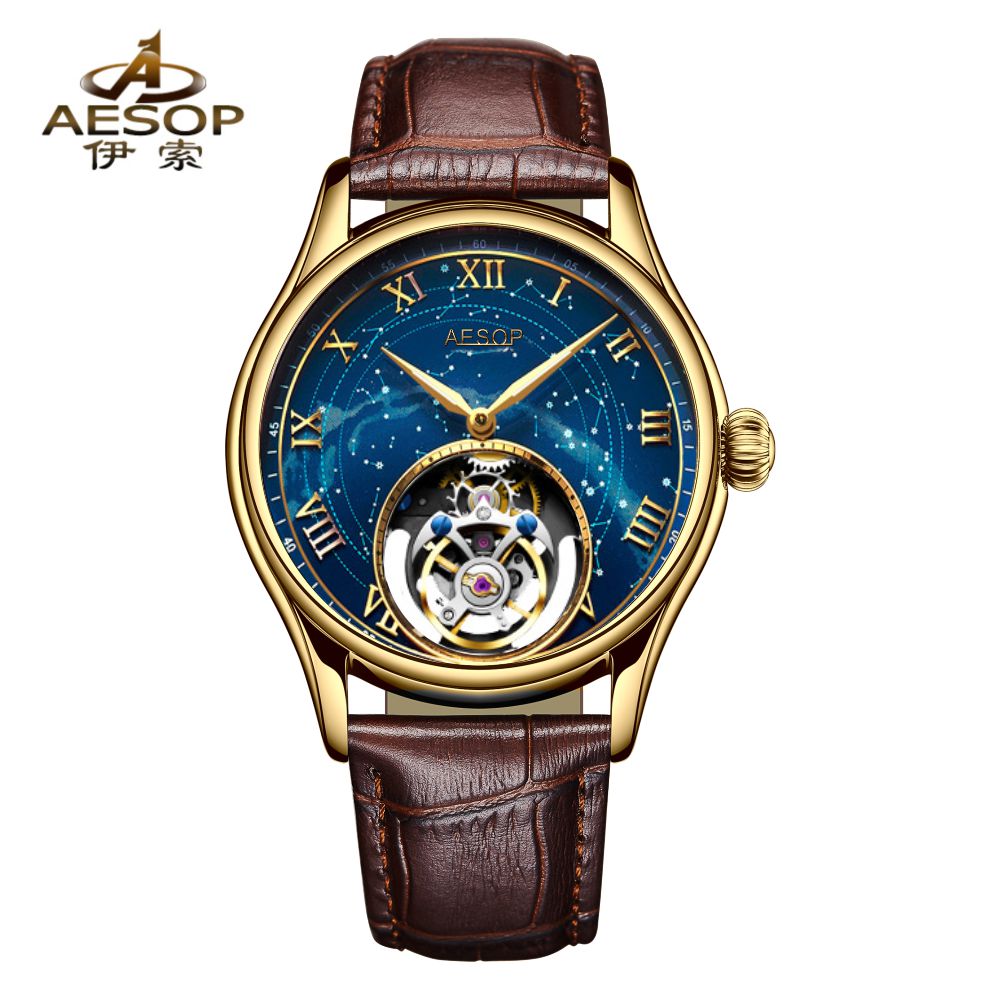 Aesop Automatic Tourbillon Men Watch Star Galaxy Wristwatch 7045