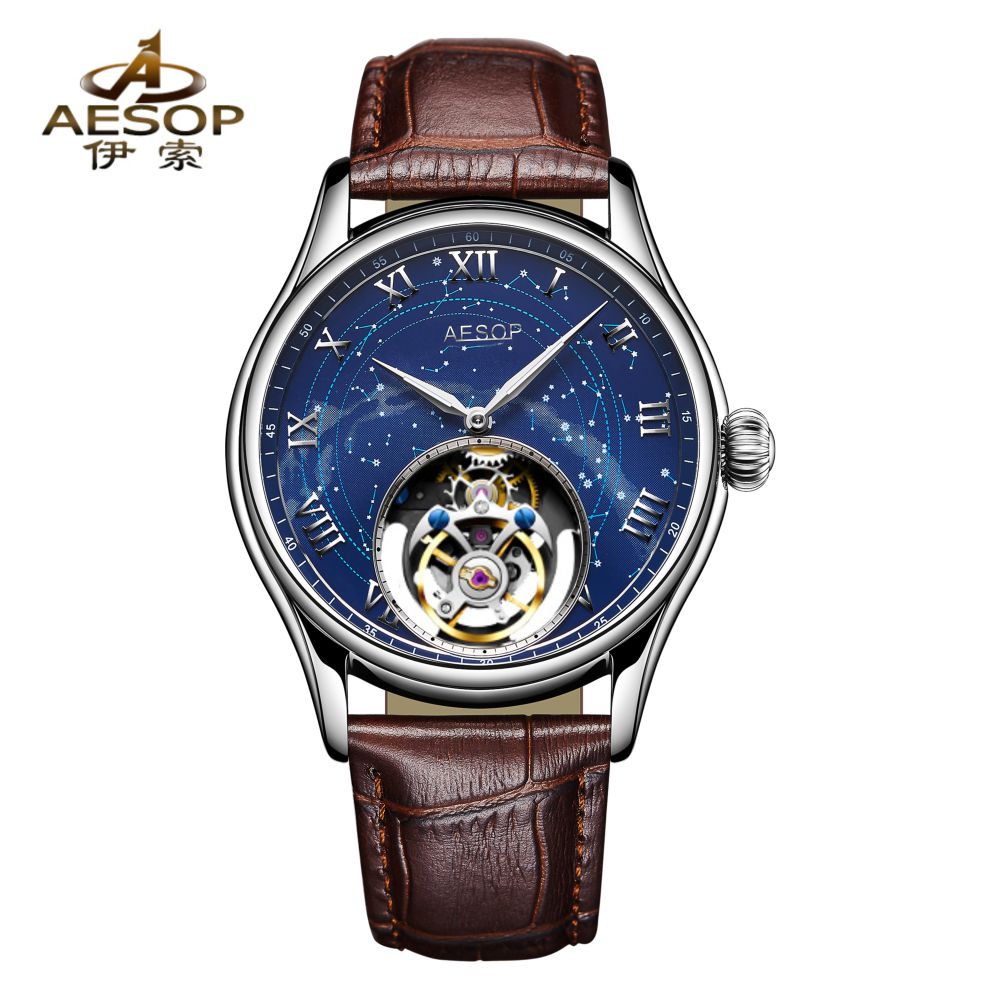 Aesop Automatic Tourbillon Men Watch Star Galaxy Wristwatch 7045