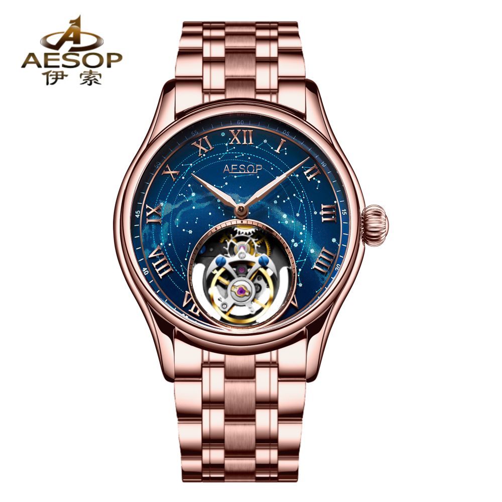 Aesop Automatic Tourbillon Men Watch Star Galaxy Wristwatch 7045