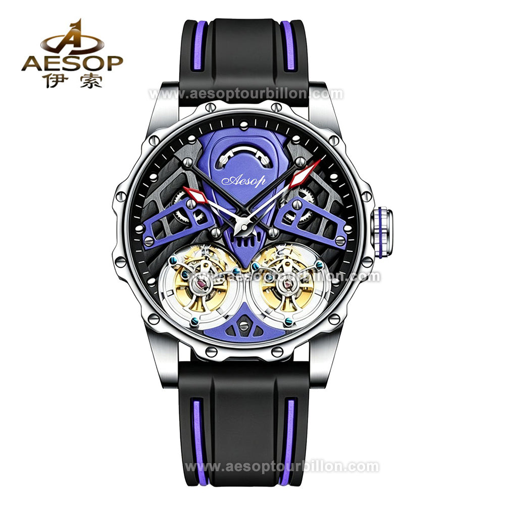 Aesop Skeleton Double Tourbillon Mechanical Men Watch 7028