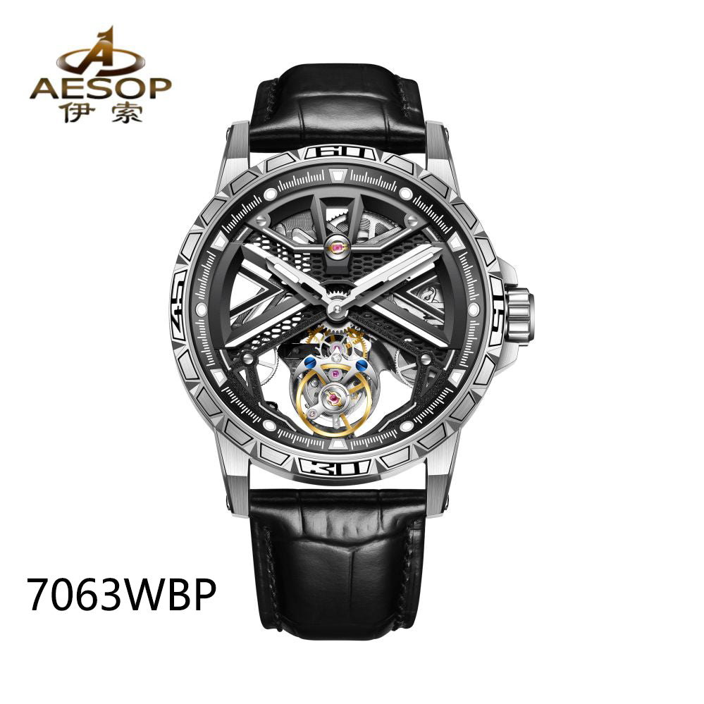 Aesop Original Tourbillon Skeleton Dial Manual Winding Mechanical Wrist Watch 7063
