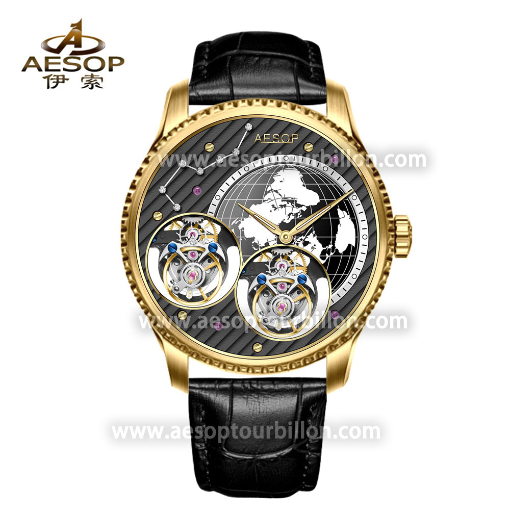 Aesop Classic Double Tourbillon Men Watch Earth Dial Sapphire Crystal Luxury Waterproof Wristwatch 7116