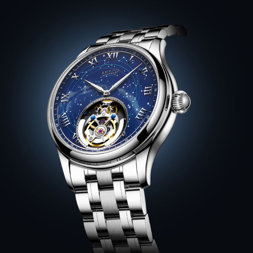 Aesop Automatic Tourbillon Men Watch Star Galaxy Wristwatch 7045