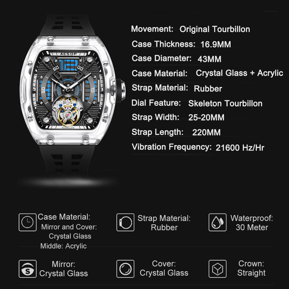 AESOP Transparent Crystal Tonneau Watch Original diamond tourbillon movement watch 7043