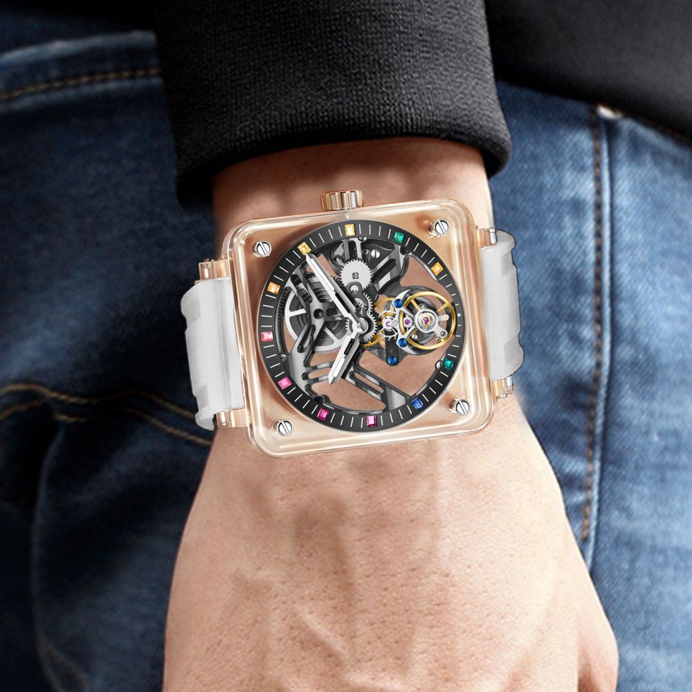 AESOP K9 Crystal Square Case Skeleton Tourbillon Men Watch 7058B