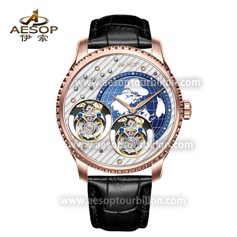 Aesop Classic Double Tourbillon Men Watch Earth Dial Sapphire Crystal Luxury Waterproof Wristwatch 7116