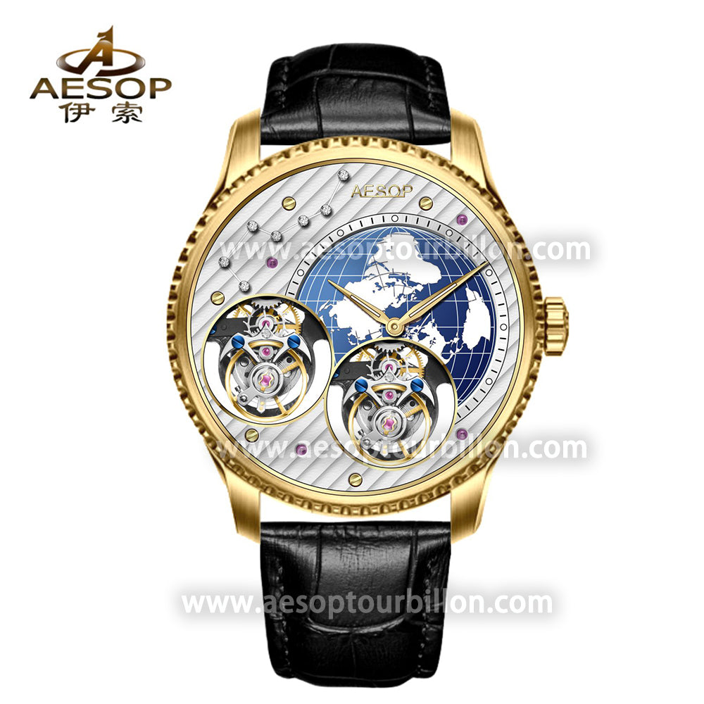 Aesop Classic Double Tourbillon Men Watch Earth Dial Sapphire Crystal Luxury Waterproof Wristwatch 7116