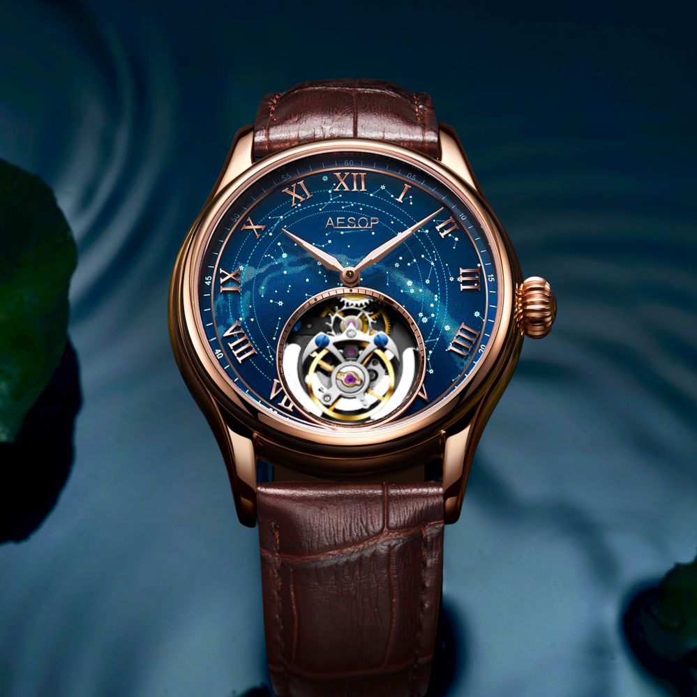 Aesop Automatic Tourbillon Men Watch Star Galaxy Wristwatch 7045