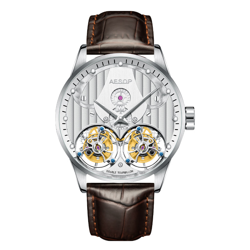 Aesop Double Tourbillon Men Watch Flying Tourbillon Sapphire Crystal 316L Stainless Steel Wristwatch 7030