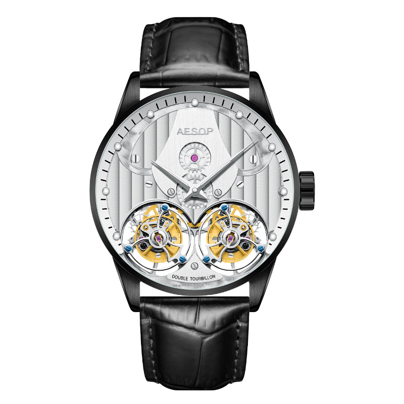 Aesop Double Tourbillon Men Watch Flying Tourbillon Sapphire Crystal 316L Stainless Steel Wristwatch 7030