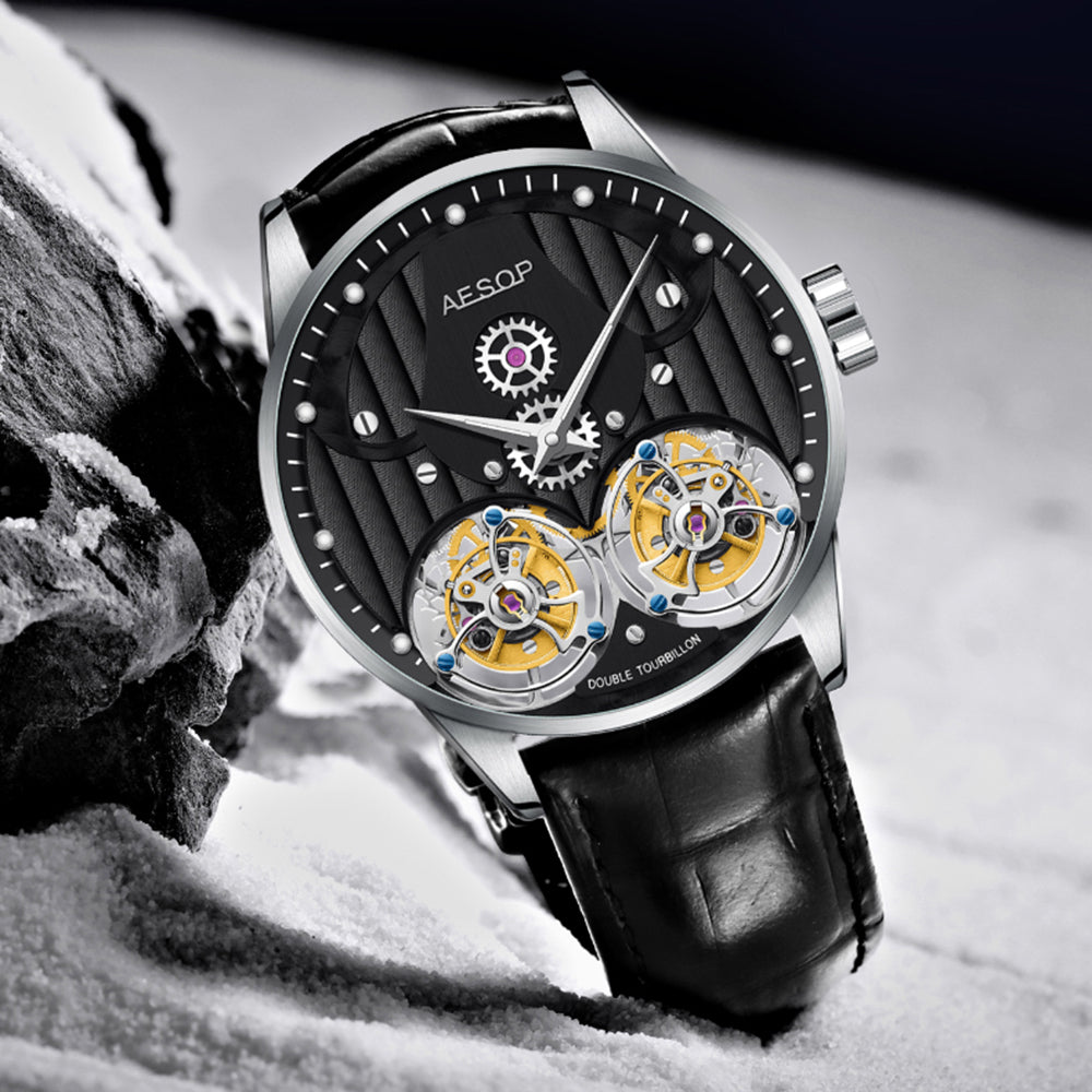 Aesop Double Tourbillon Men Watch Flying Tourbillon Sapphire Crystal 316L Stainless Steel Wristwatch 7030
