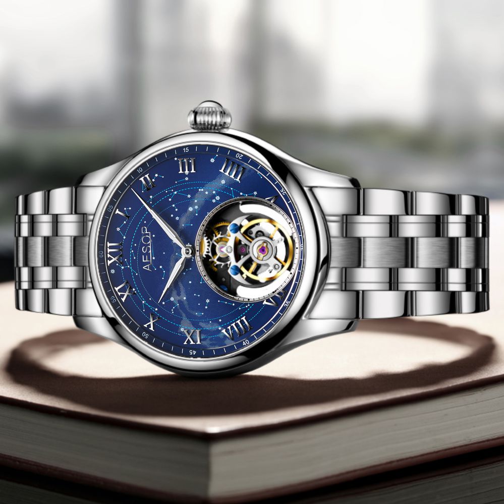 Aesop Automatic Tourbillon Men Watch Star Galaxy Wristwatch 7045