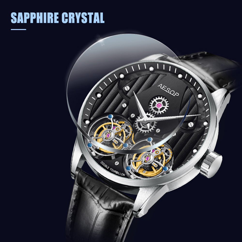 Aesop Double Tourbillon Men Watch Flying Tourbillon Sapphire Crystal 316L Stainless Steel Wristwatch 7030
