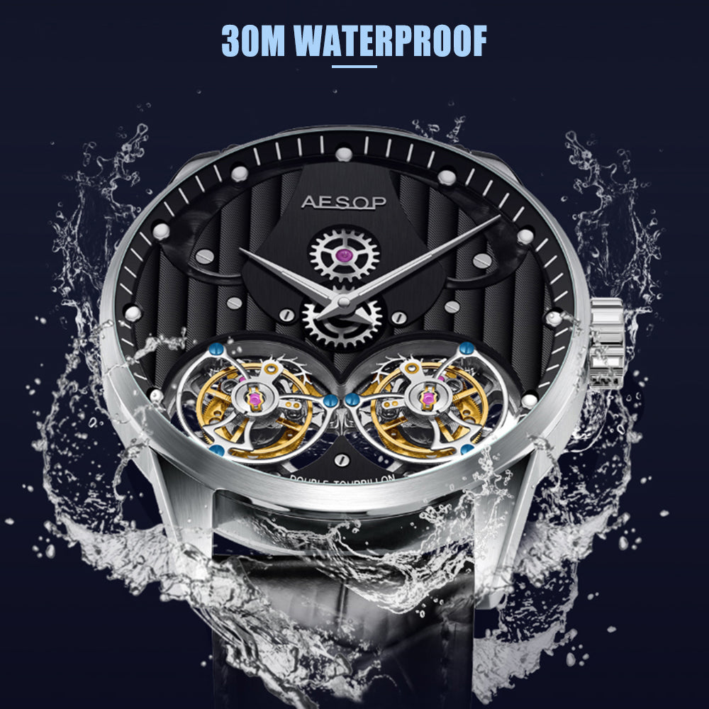 Aesop Double Tourbillon Men Watch Flying Tourbillon Sapphire Crystal 316L Stainless Steel Wristwatch 7030