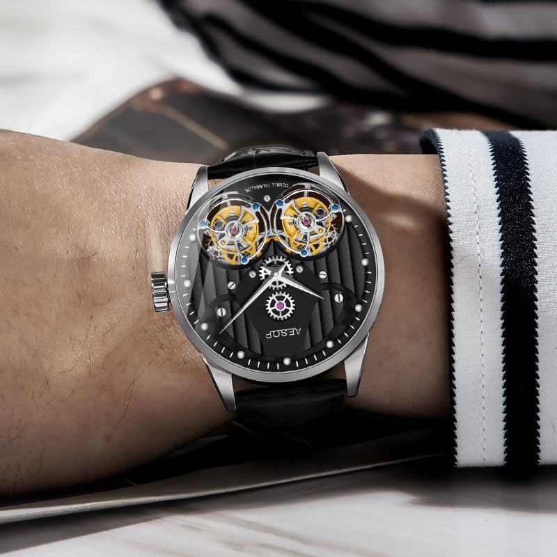 Aesop Double Tourbillon Men Watch Flying Tourbillon Sapphire Crystal 316L Stainless Steel Wristwatch 7030