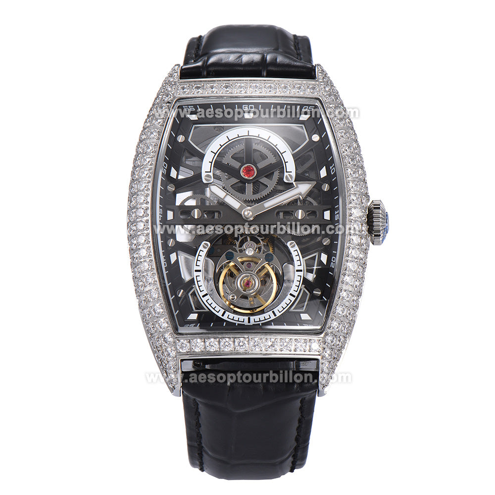 AESOP Skeleton Tonneau Tourbillon Men Watch Zircon Bezel Sapphire