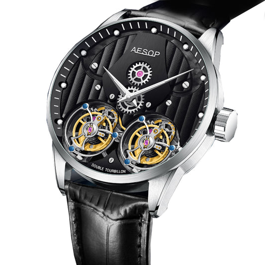 Aesop Double Tourbillon Men Watch Flying Tourbillon Sapphire Crystal 316L Stainless Steel Wristwatch 7030