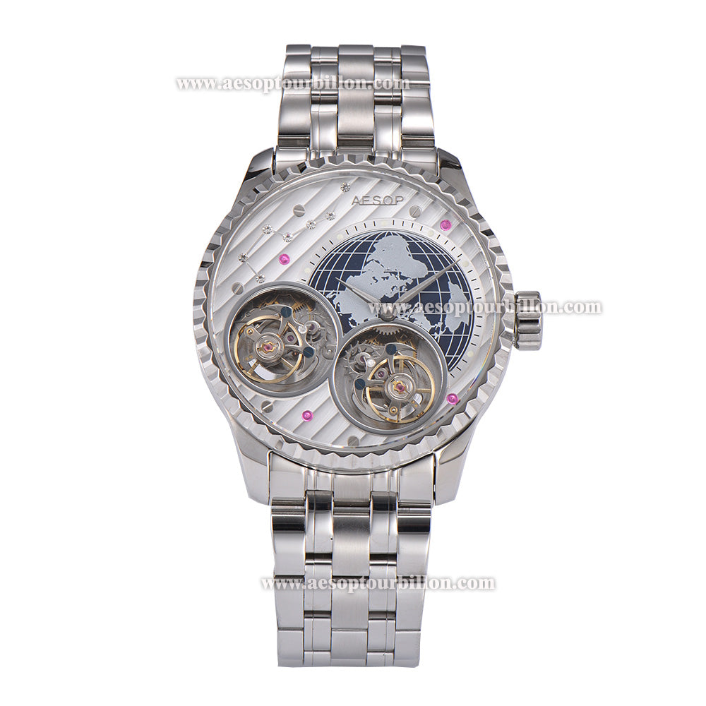 Aesop Classic Double Tourbillon Men Watch Earth Dial Sapphire Crystal Luxury Waterproof Wristwatch 7116