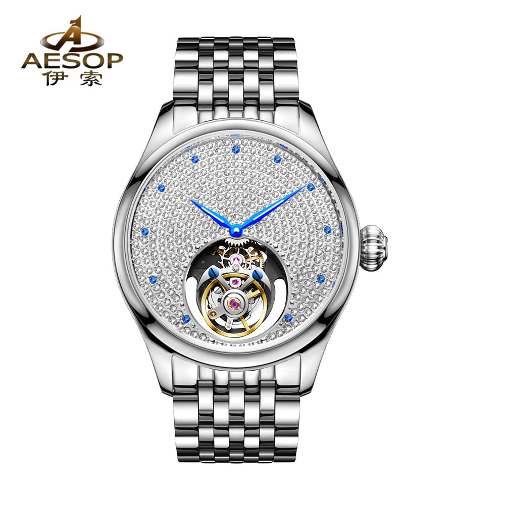 Aesop Tourbillon Men Watch Rhinestones Dial Mechanical Wristwatch 7046