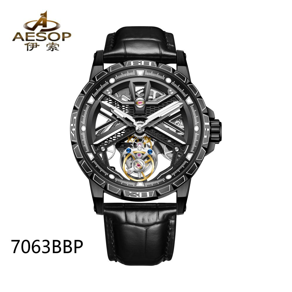 Aesop Original Tourbillon Skeleton Dial Manual Winding Mechanical Wrist Watch 7063
