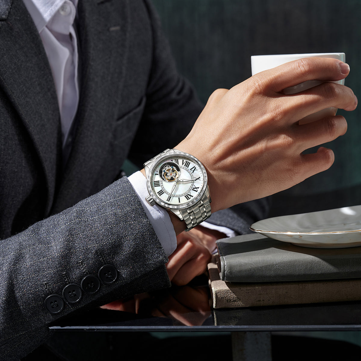 Customized LOGO Zircon Bezel Automatic Tourbillon Men Watch 4