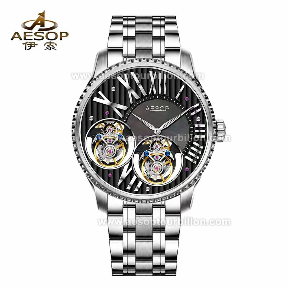 Aesop Large Roman Numerals Double Tourbillon Men Watch 7102