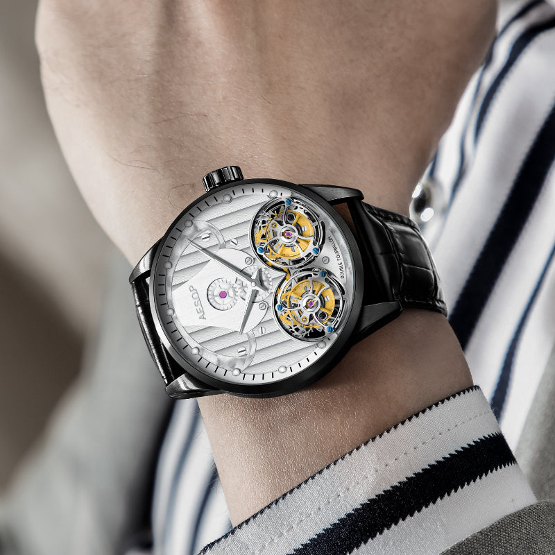 Aesop Double Tourbillon Men Watch Flying Tourbillon Sapphire Crystal 316L Stainless Steel Wristwatch 7030