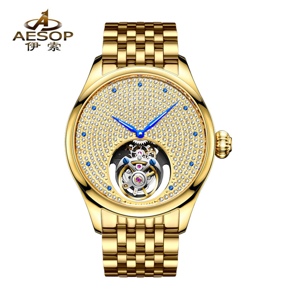 Aesop Tourbillon Men Watch Rhinestones Dial Mechanical Wristwatch 7046