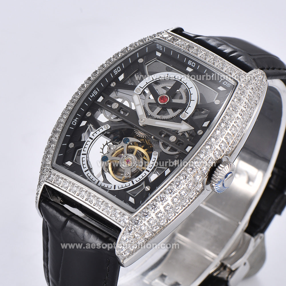 AESOP Skeleton Tonneau Tourbillon Men Watch Zircon Bezel Hand Wind Sapphire Crystal Luminous Waterproof Luxury Men Wristwatch 7069