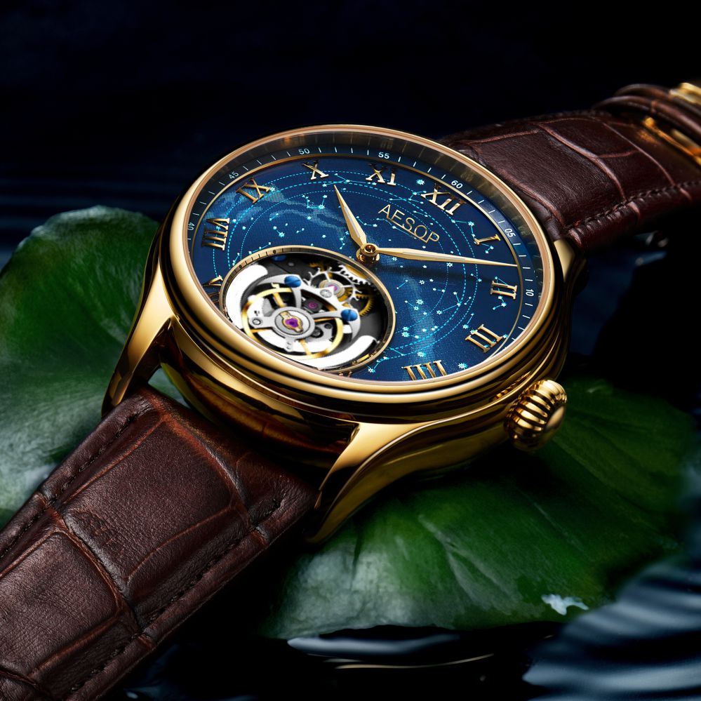 Aesop Automatic Tourbillon Men Watch Star Galaxy Wristwatch 7045