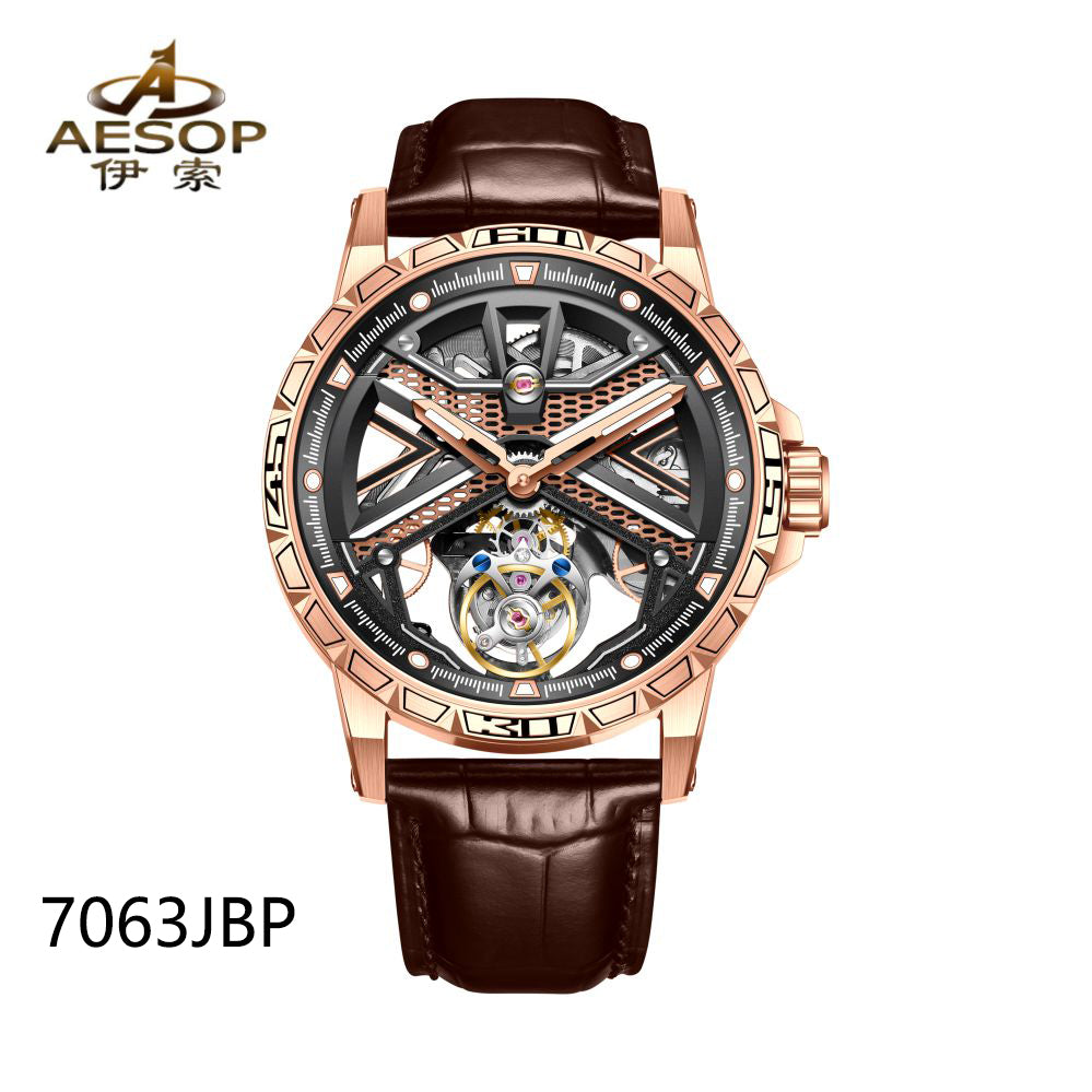 Aesop Original Tourbillon Skeleton Dial Manual Winding Mechanical Wrist Watch 7063