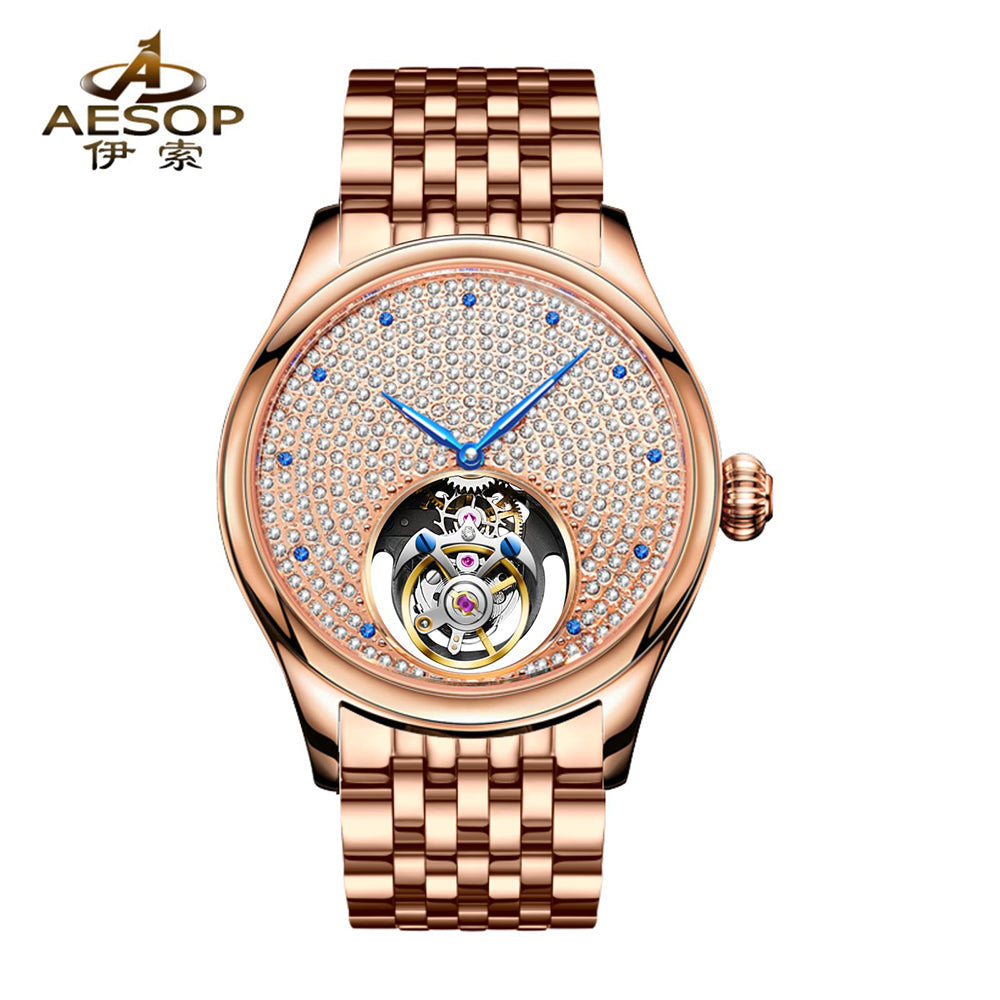 Aesop Tourbillon Men Watch Rhinestones Dial Mechanical Wristwatch 7046