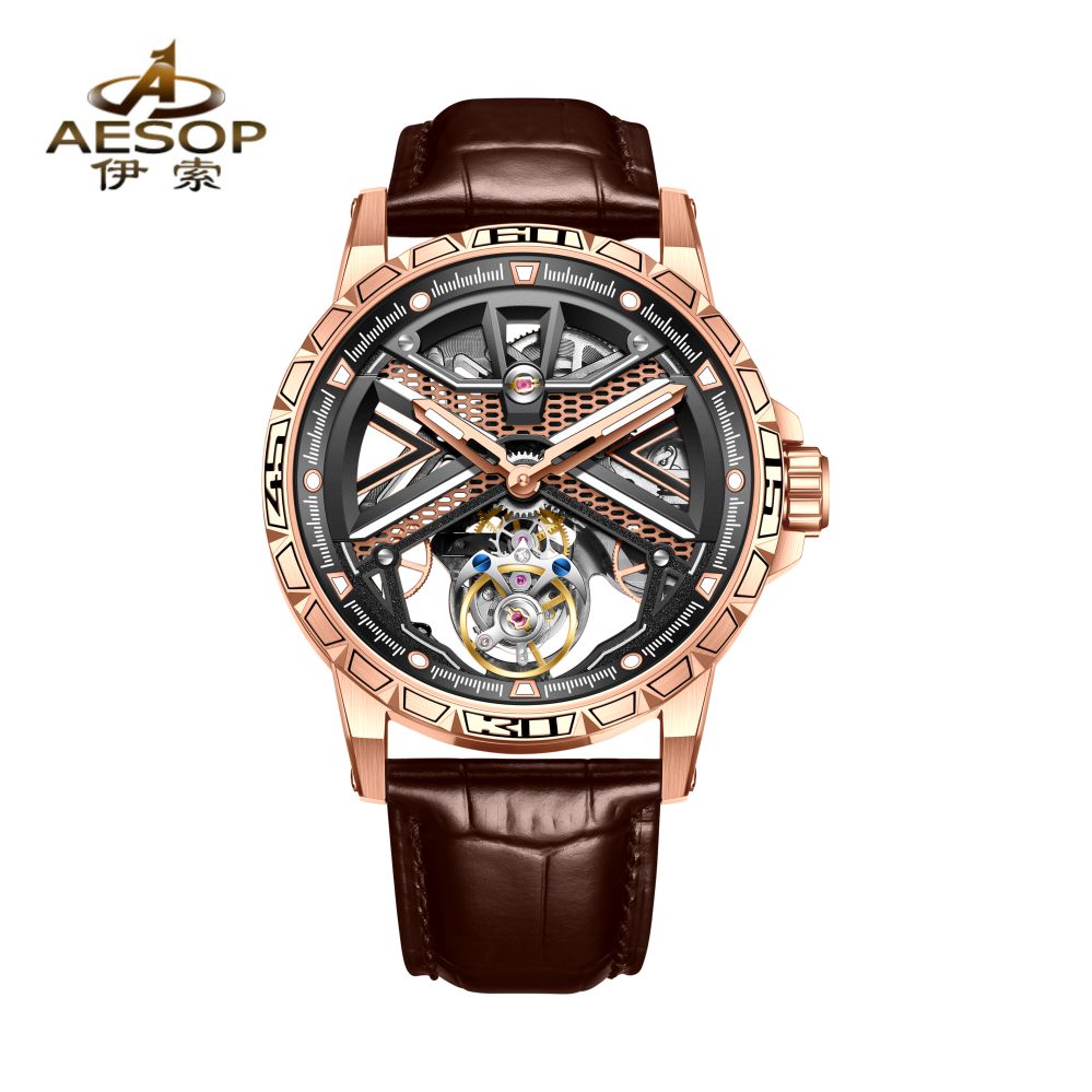 Aesop Original Tourbillon Skeleton Dial Manual Winding Mechanical Wrist Watch 7063