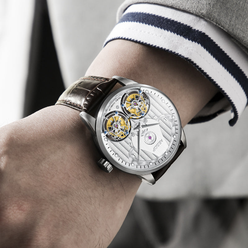 Aesop Double Tourbillon Men Watch Flying Tourbillon Sapphire Crystal 316L Stainless Steel Wristwatch 7030