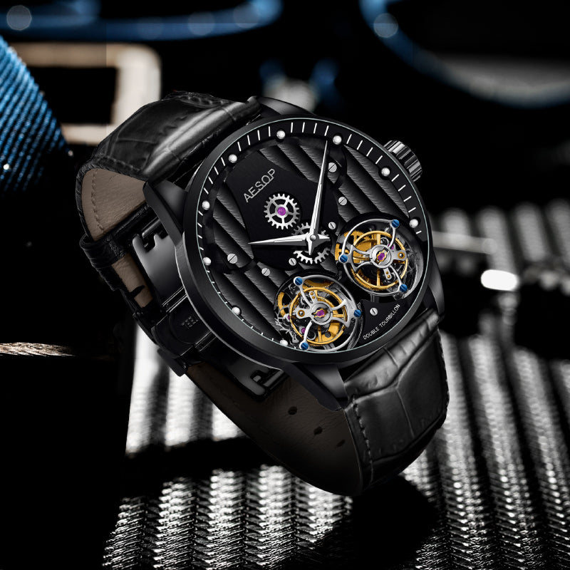 Aesop Double Tourbillon Men Watch Flying Tourbillon Sapphire Crystal 316L Stainless Steel Wristwatch 7030