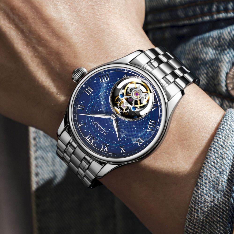 Aesop Automatic Tourbillon Men Watch Star Galaxy Wristwatch 7045