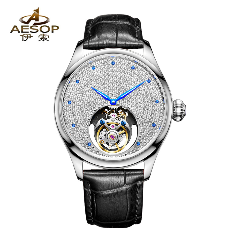 Aesop Tourbillon Men Watch Rhinestones Dial Mechanical Wristwatch 7046