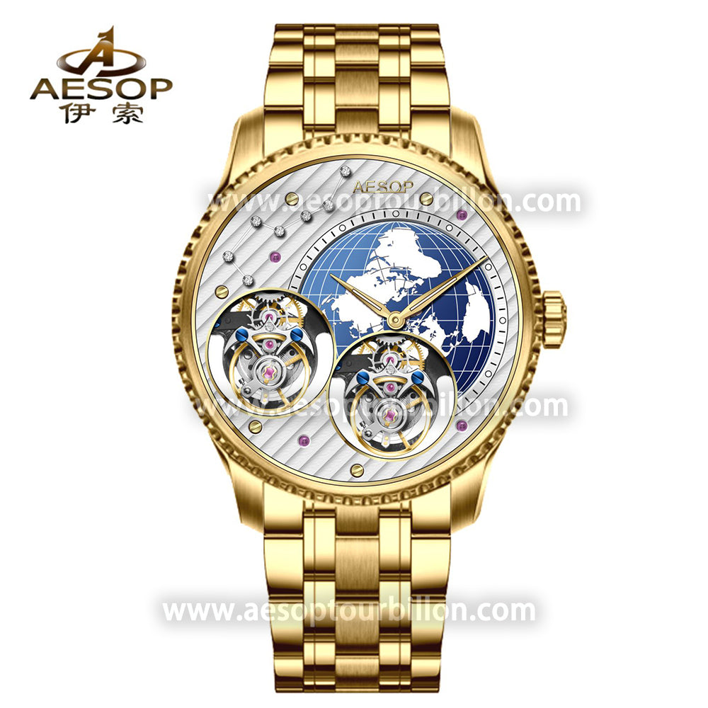 Aesop Classic Double Tourbillon Men Watch Earth Dial Sapphire Crystal Luxury Waterproof Wristwatch 7116