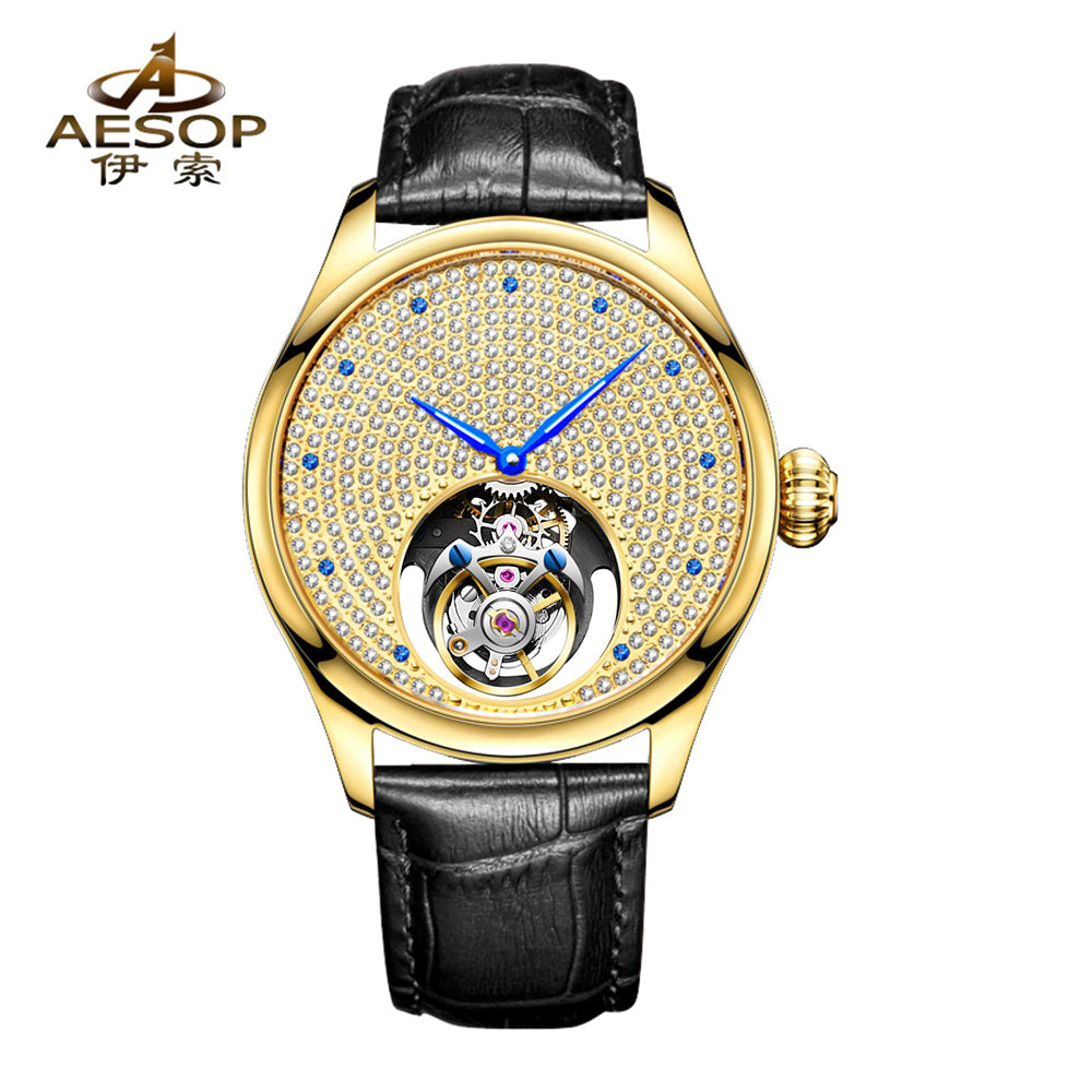 Aesop Tourbillon Men Watch Rhinestones Dial Mechanical Wristwatch 7046