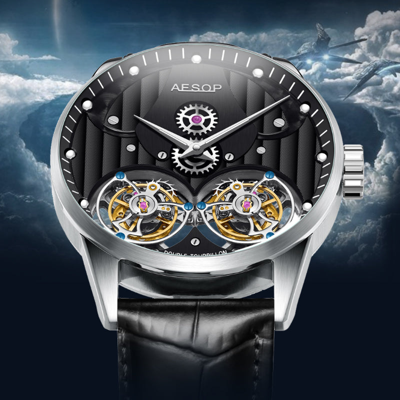 Aesop Double Tourbillon Men Watch Flying Tourbillon Sapphire Crystal 316L Stainless Steel Wristwatch 7030