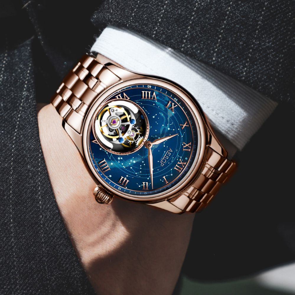 Aesop Automatic Tourbillon Men Watch Star Galaxy Wristwatch 7045