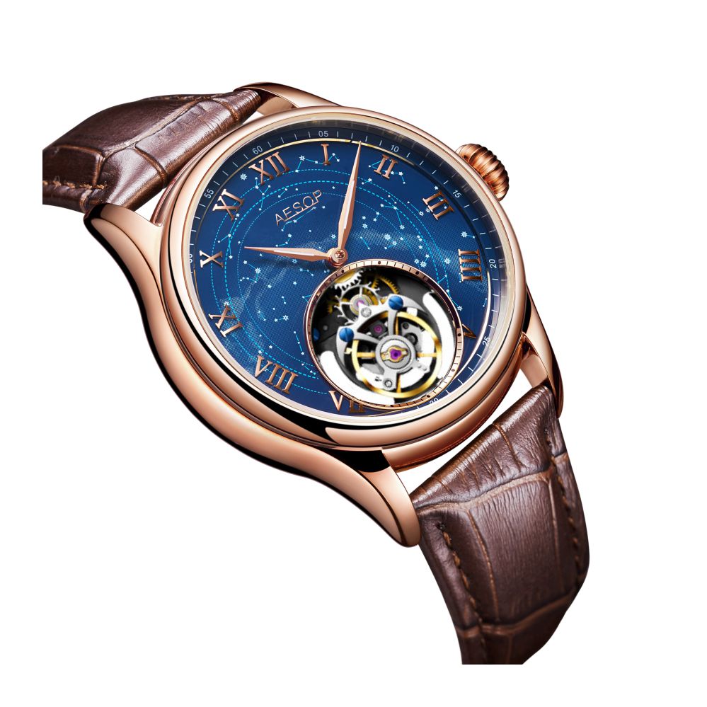Aesop Automatic Tourbillon Men Watch Star Galaxy Wristwatch 7045
