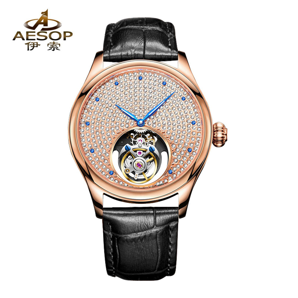 Aesop Tourbillon Men Watch Rhinestones Dial Mechanical Wristwatch 7046