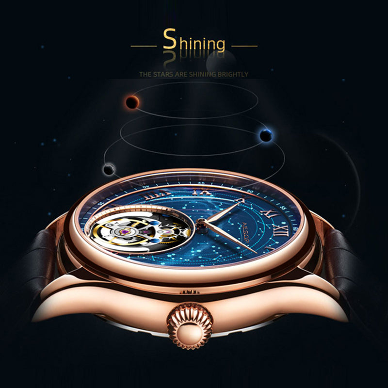Aesop Automatic Tourbillon Men Watch Star Galaxy Wristwatch 7045