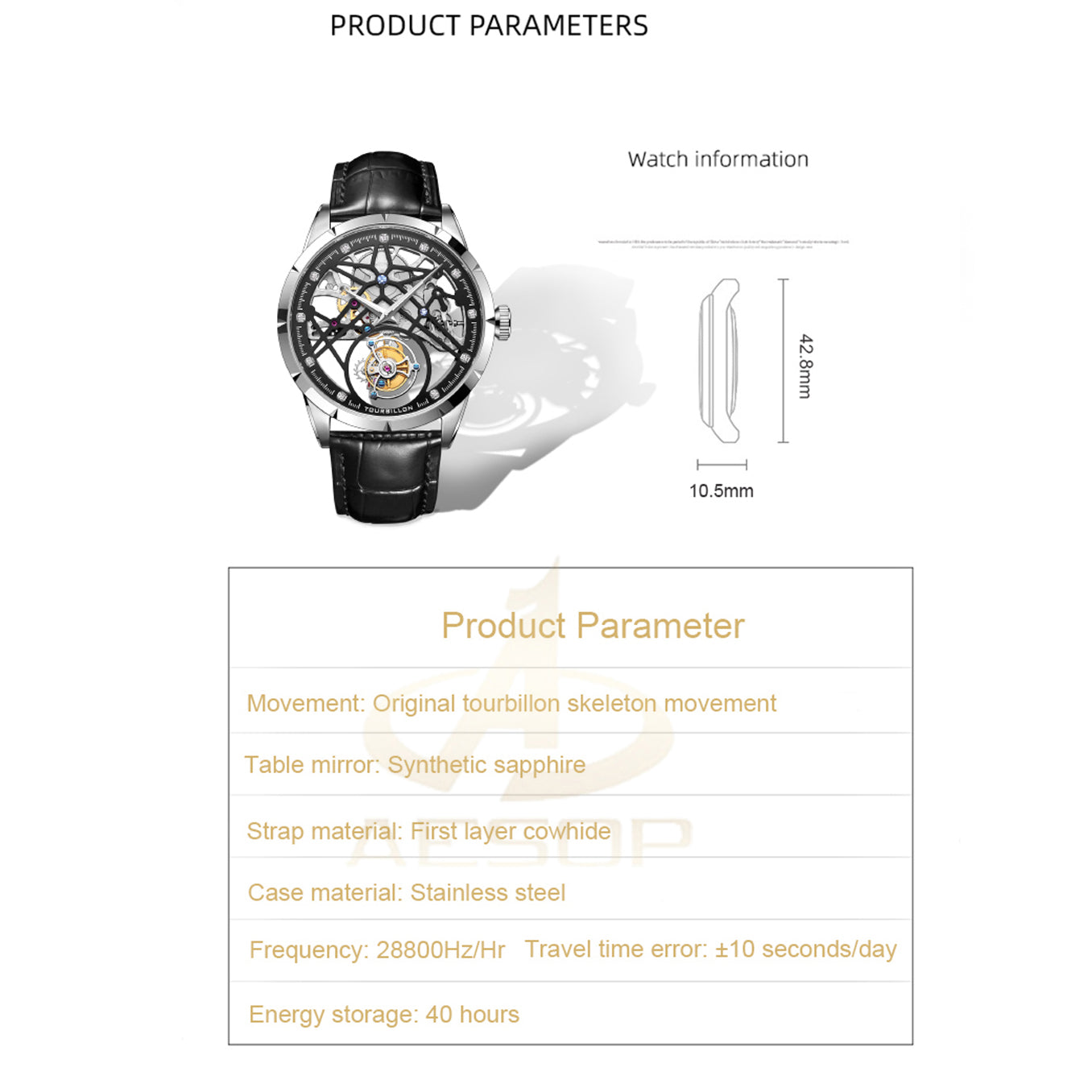 AESOP Skeleton Original Tourbillon Watch 5ATM Waterproof 7018