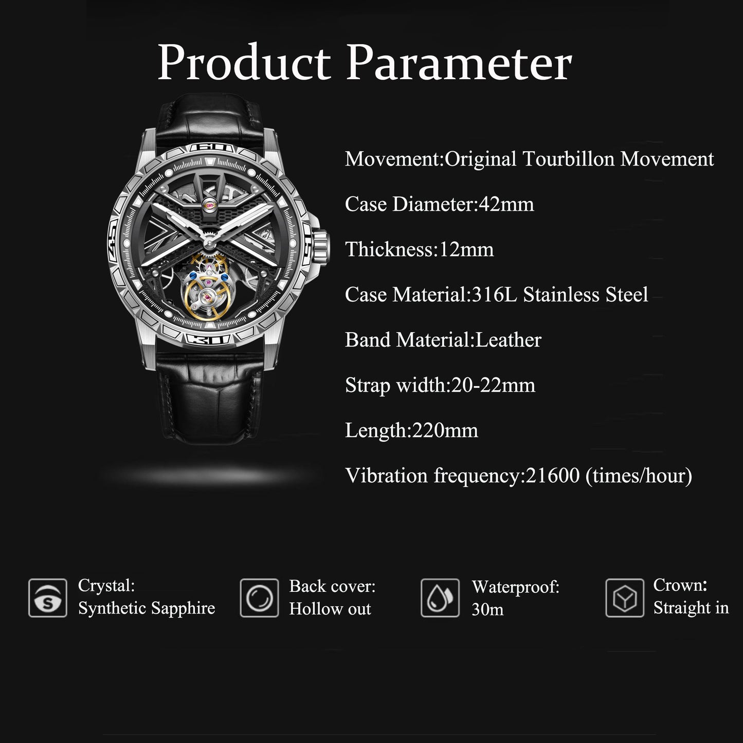 Aesop Original Tourbillon Skeleton Dial Manual Winding Mechanical Wrist Watch 7063
