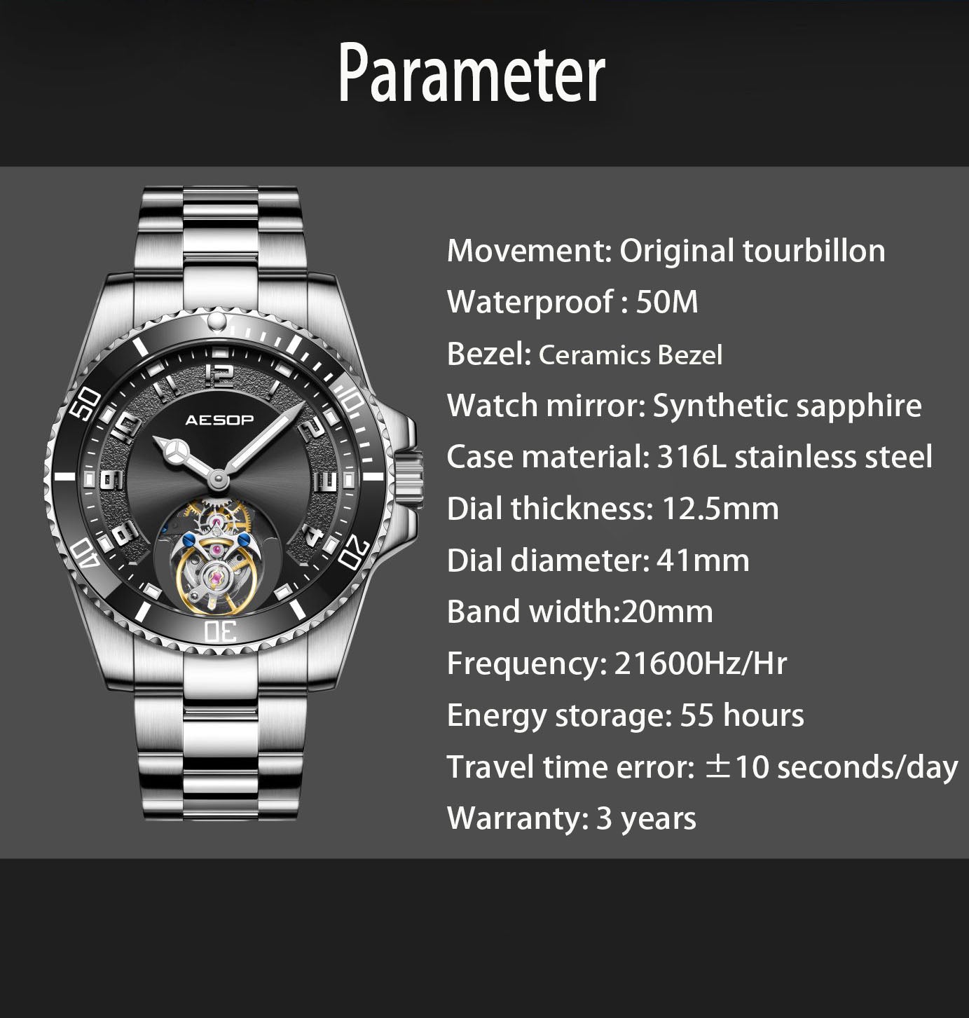 AESOP Sport Skeleton Ceramic Bezel Original Tourbillon Watch 7065