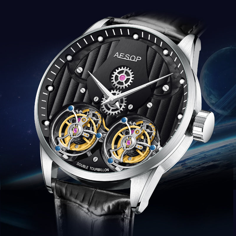 Aesop Double Tourbillon Men Watch Flying Tourbillon Sapphire Crystal 316L Stainless Steel Wristwatch 7030