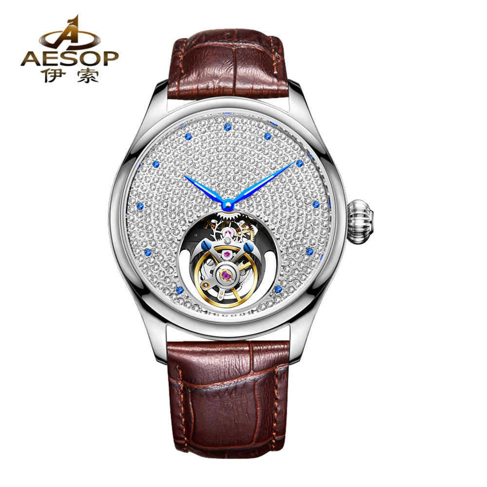 Aesop Tourbillon Men Watch Rhinestones Dial Mechanical Wristwatch 7046