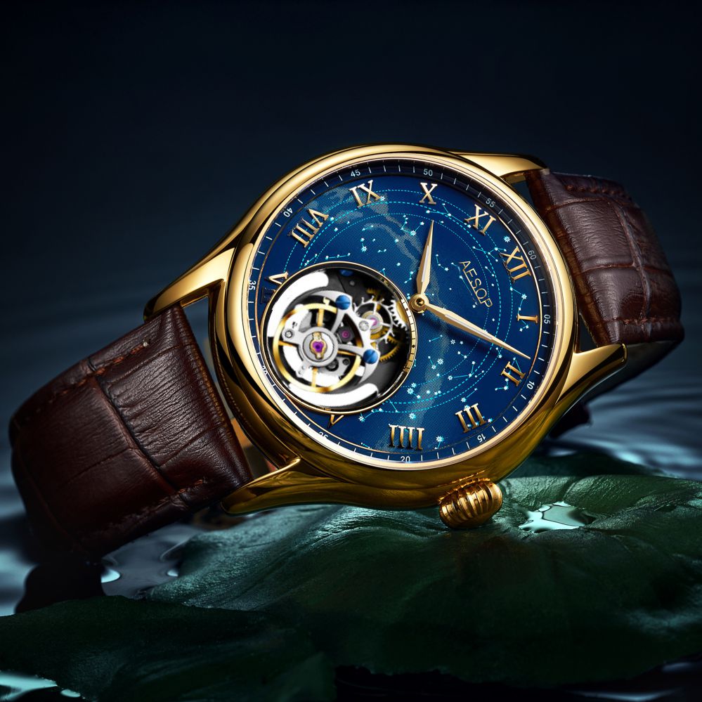 Aesop Automatic Tourbillon Men Watch Star Galaxy Wristwatch 7045